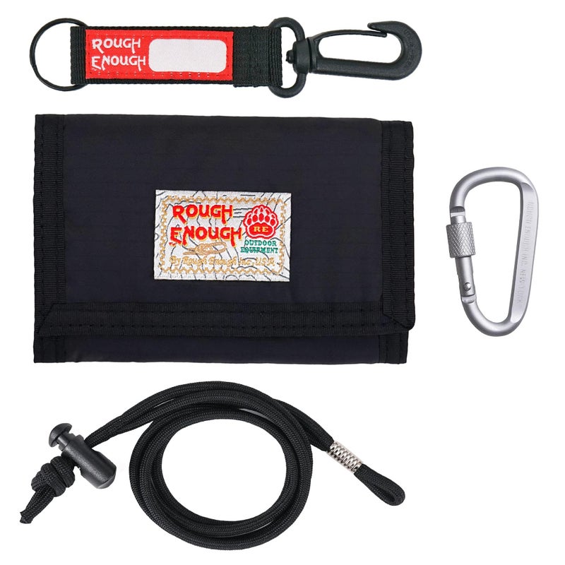 RE ROUGH ENOUGH Rough Enough Kids Wallet for Boys Teens with Neck Lanyard Keychain Zipper Coin Pocket Card Holder Black Soft Nylon - Image 1